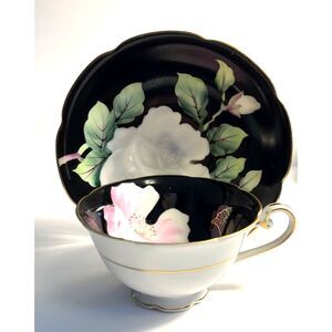 Occupied Japan Teacup & Saucer Black Floral Gold Trim Fragrant China Vintage
